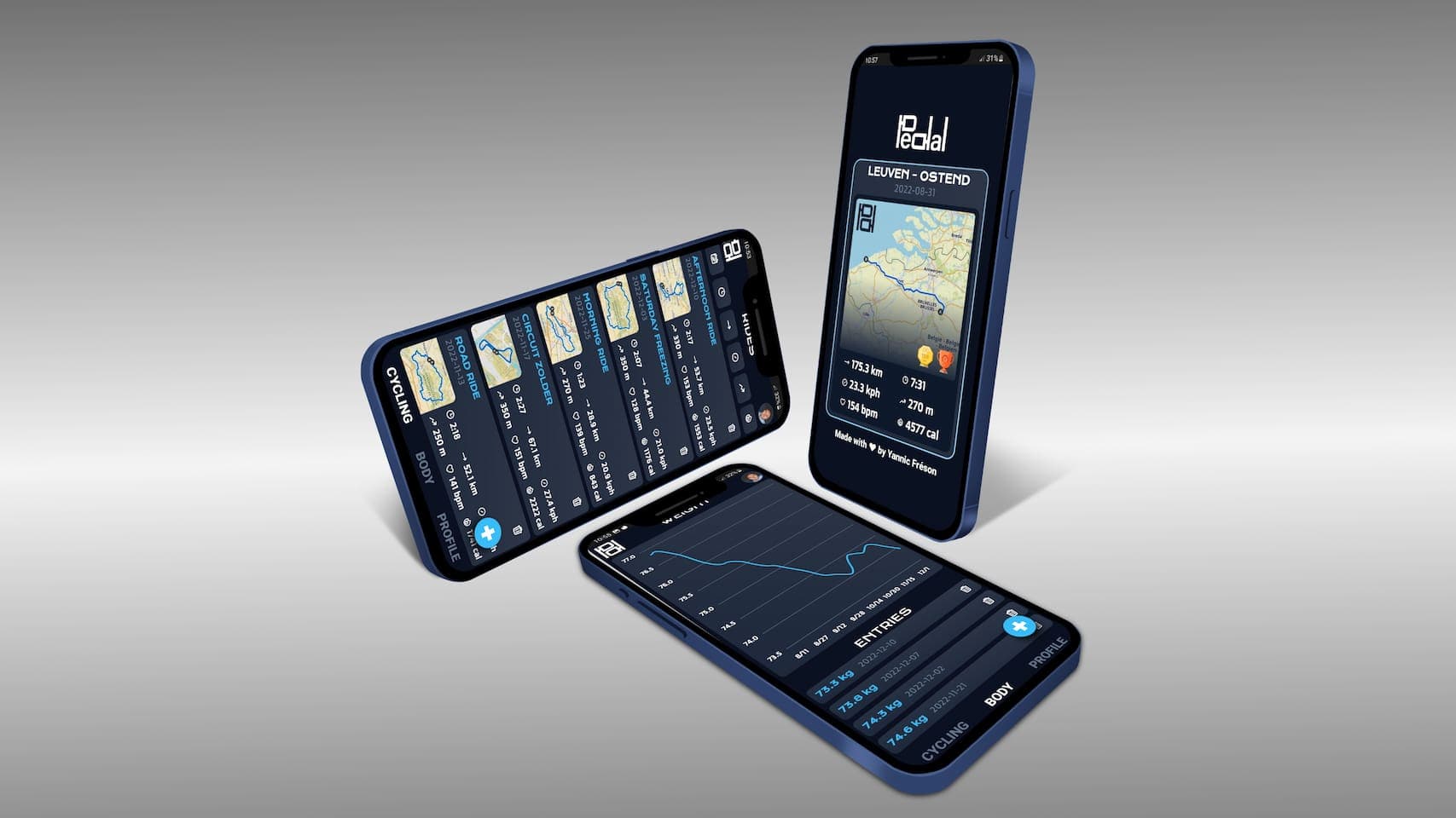 Three phones with the different app pages displayed on them