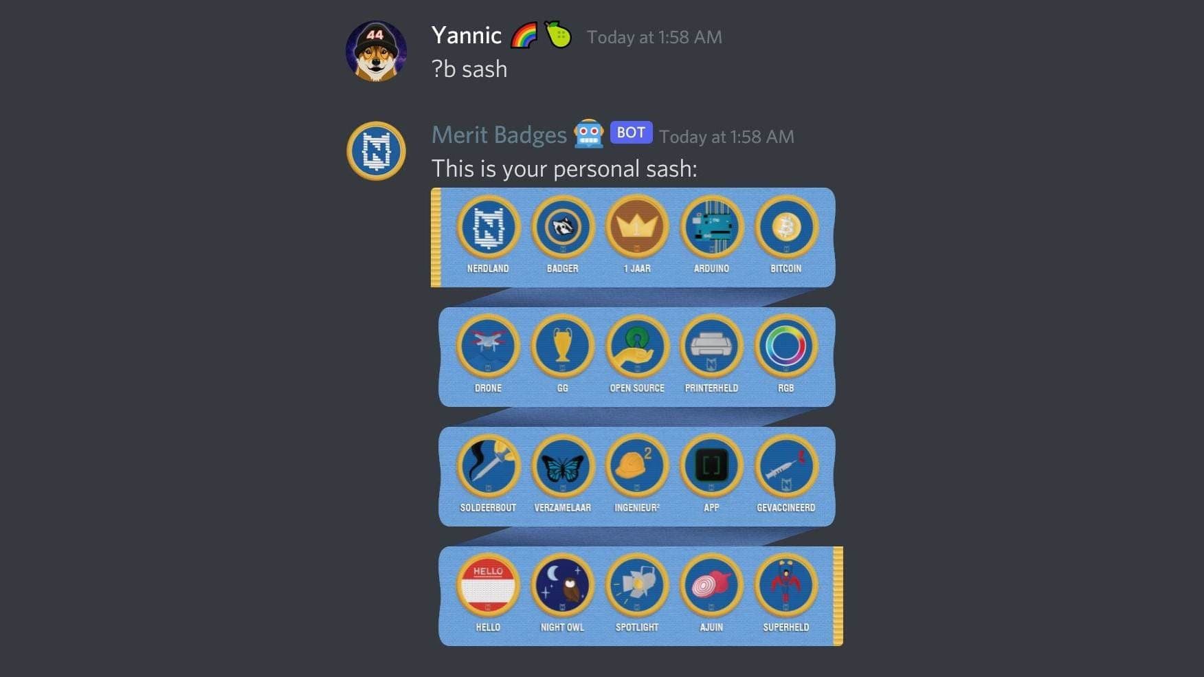 Example command in Discord of my personal sash
