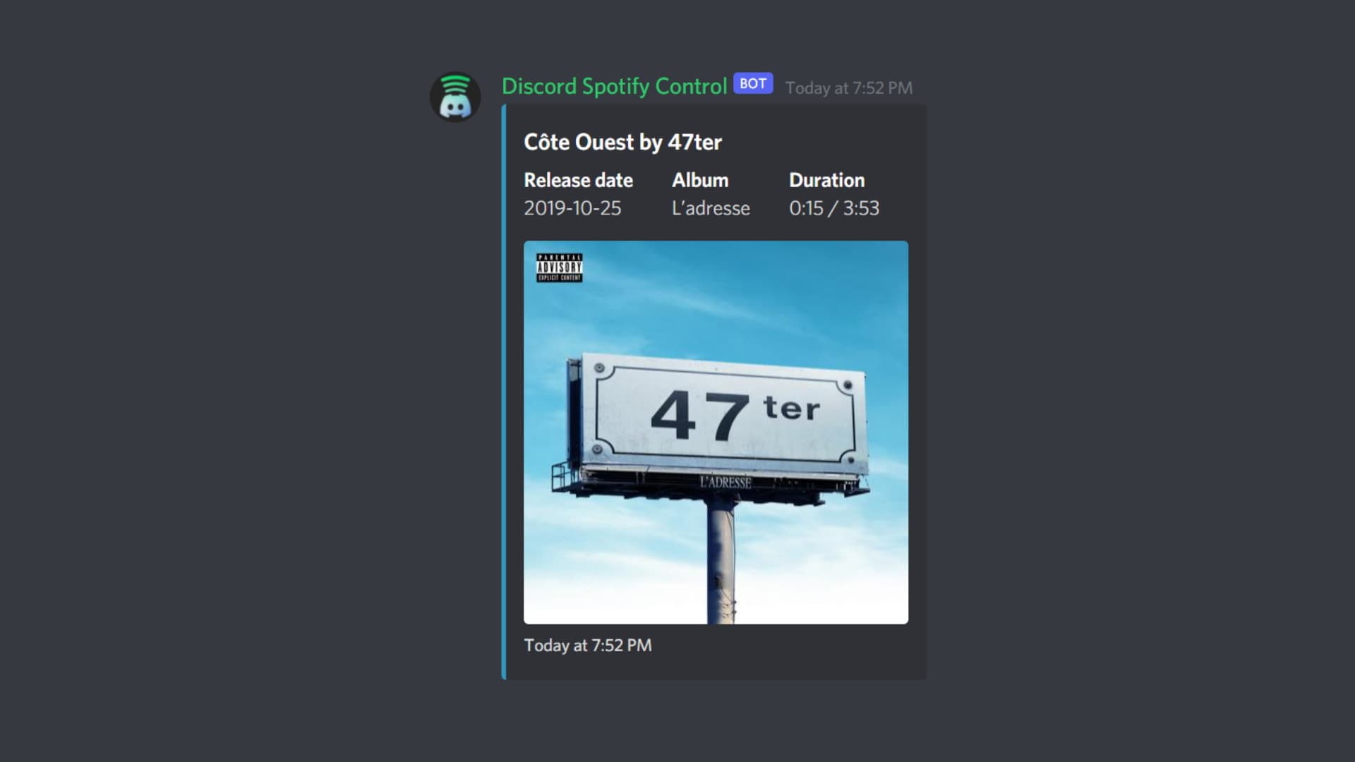 The P command: an embed showing the title, release date, album and duration of the current song, with album art