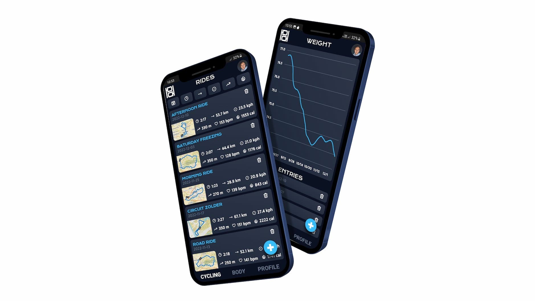 Two phones displaying the rides list and weight tracking pages
